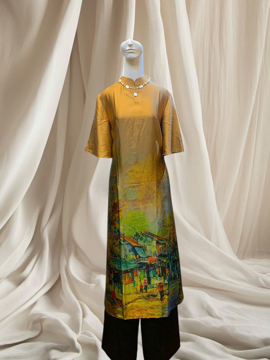 Hanoi Ancient Street Printed Yellow Vietnam Ao Dai